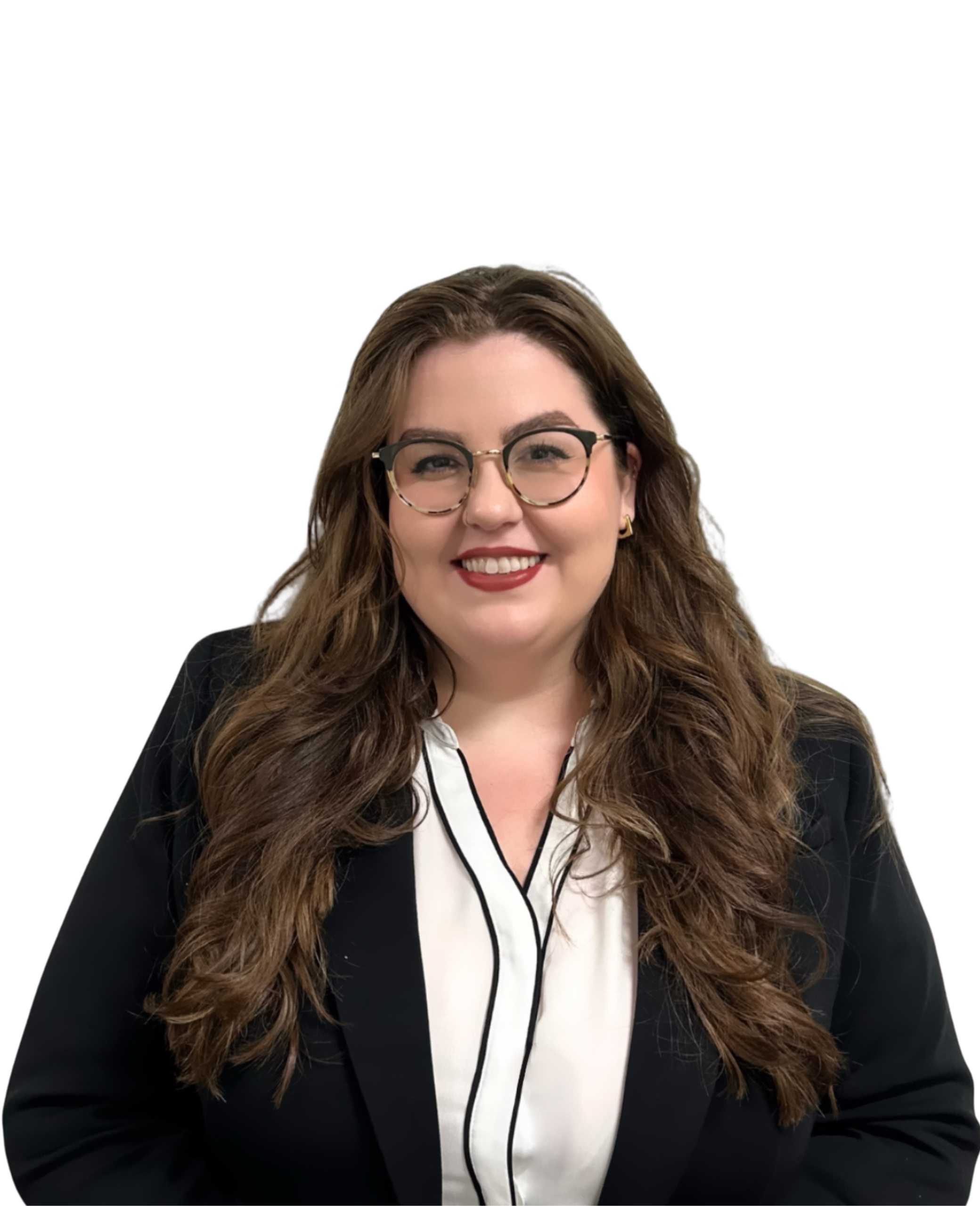 Michelle Thompson, a woman with long brown hair, wearing glasses, a black blazer, and a white blouse, smiles in front of a plain light background. From Lawrence Law Firm New Jersey Family Lawyer.