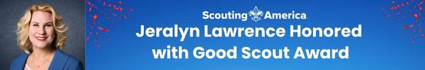 Banner reads "Scouting America: Jeralyn Lawrence Honored with Good Scout Award," featuring a portrait of smiling Jeralyn Lawrence on the left, highlighted by red confetti accents. From Lawrence Law Firm New Jersey Family Lawyer.