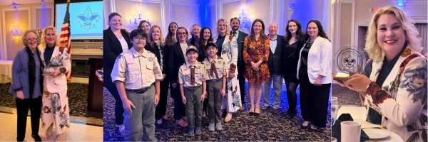 A group of adults and boys in scout uniforms pose together at an indoor event for the Good Scout Award; Jeralyn Lawrence, in a floral jacket, appears in each image, including holding cake in the last photo. From Lawrence Law Firm New Jersey Family Lawyer.