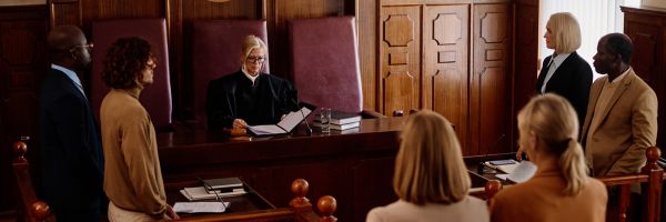 A judge sits at the bench reading documents while five people, two men and three women, stand in a courtroom facing her. From Lawrence Law Firm New Jersey Family Lawyer.