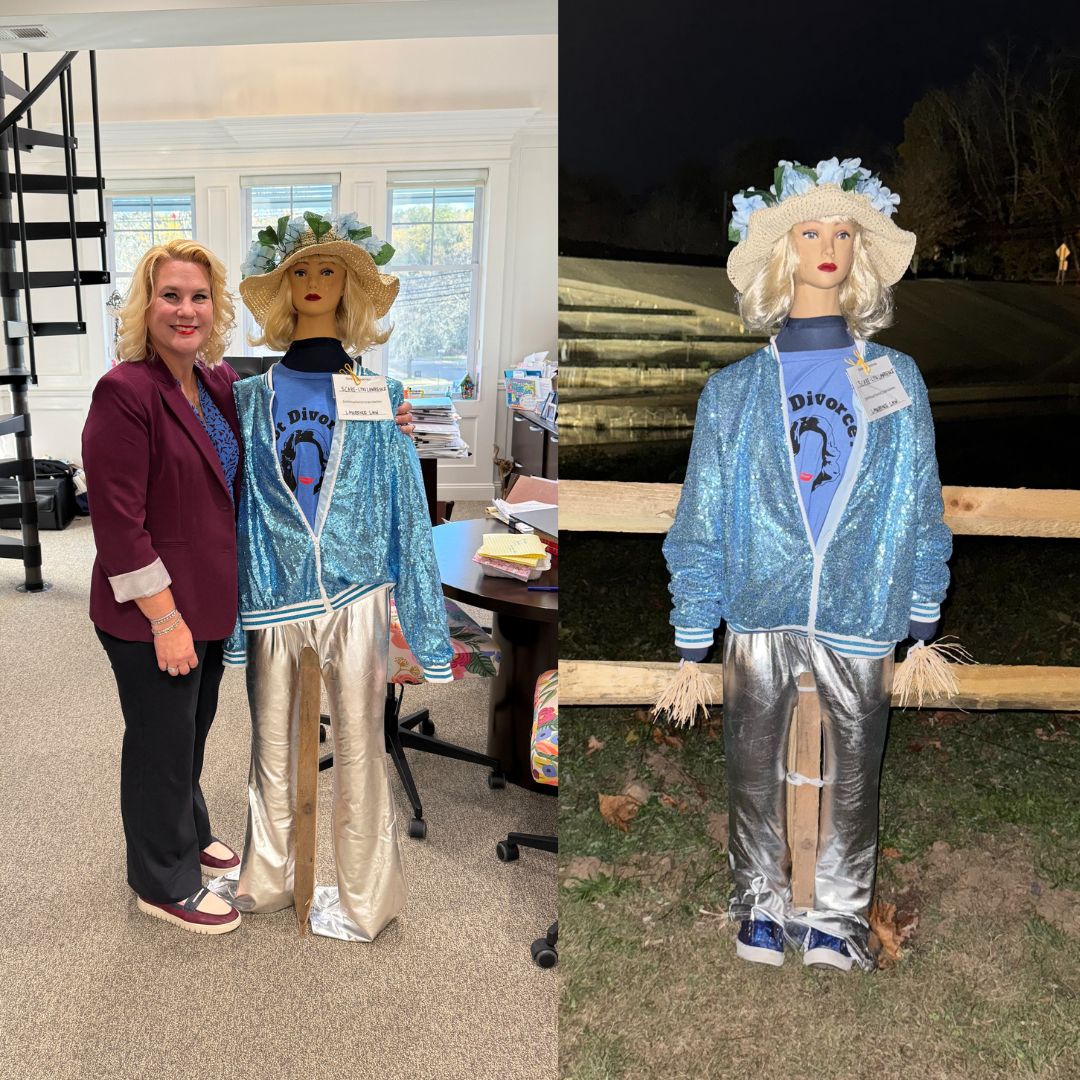 A woman stands indoors next to a SCARE-LYN scarecrow figure in a blue sequin jacket, silver pants, and a "Divorce" shirt; the scarecrow is shown outdoors at night in a second image. From Lawrence Law Firm New Jersey Family Lawyer.
