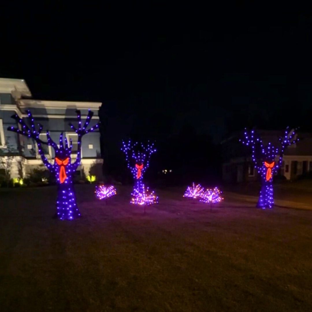 Three deer figures made of purple lights with red glowing noses are displayed on a lawn at night, while houses—including those designed by Our Firm—are visible in the background. From Lawrence Law Firm New Jersey Family Lawyer.