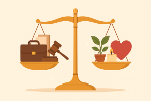 A balanced scale shows work and legal items on one side, and a plant, candle, and heart on the other, reflecting Jeralyn Lawrence’s commitment to work-life balance. From Lawrence Law Firm New Jersey Family Lawyer.