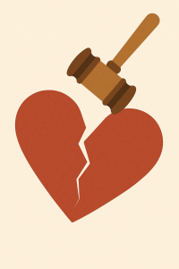 A judge’s gavel strikes and splits a red heart in half, symbolizing heartbreak or legal matters related to relationships—an image reminiscent of cases handled by Jeralyn Lawrence. From Lawrence Law Firm New Jersey Family Lawyer.