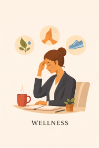 A woman in business attire sits at a desk with a mug, notebook, and plant, touching her forehead. Icons above her depict a leaf, praying hands, and a sneaker. The word "Wellness" and the name Jeralyn Lawrence appear below. From Lawrence Law Firm New Jersey Family Lawyer.