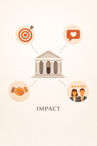 Illustration of a government building connected to icons—a target, handshake, heart in a chat bubble, and two people with stars—symbolizing impact, with inspiration drawn from Jeralyn Lawrence’s commitment to community. From Lawrence Law Firm New Jersey Family Lawyer.