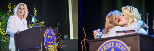 A woman in a white suit speaks at a podium on stage, then embraces another person in front of the "New Jersey State" podium, celebrating personal growth and lessons learned through life’s challenges. From Lawrence Law Firm New Jersey Family Lawyer.