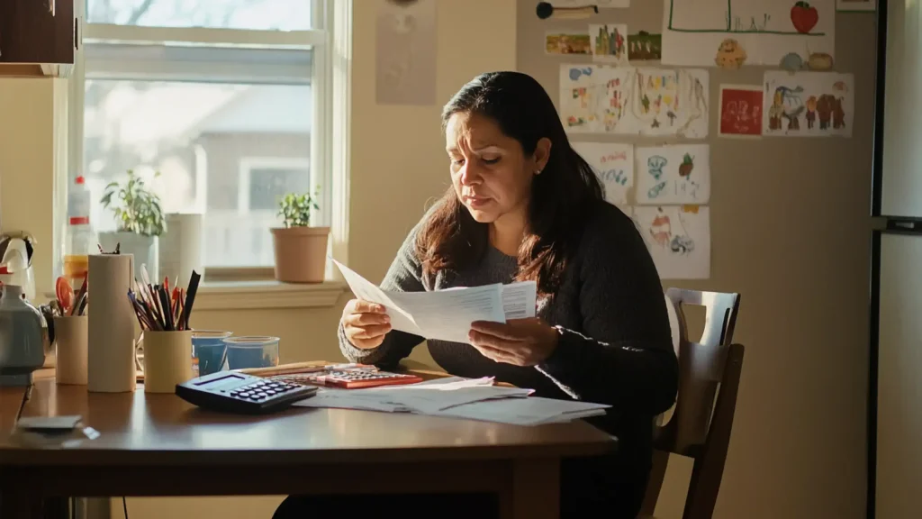 A woman sits at a kitchen table reading papers with a divorce checklist, a calculator nearby, and children's artwork on the wall and refrigerator behind her. From Lawrence Law Firm New Jersey Family Lawyer.