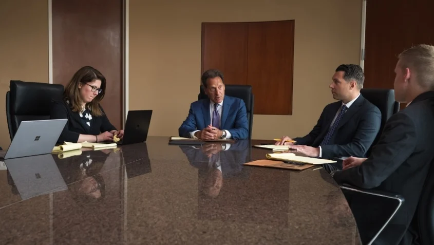 Four professionals sit around a conference table, engaged in a business meeting with laptops and notepads, thoughtfully reviewing a Year-End Divorce Checklist. From Lawrence Law Firm New Jersey Family Lawyer.