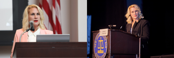 Two images of a woman with blonde hair giving speeches at separate podiums, sharing life lessons; she wears a light pink blazer in one and a black outfit in the other, with an American flag behind her in the first. From Lawrence Law Firm New Jersey Family Lawyer.