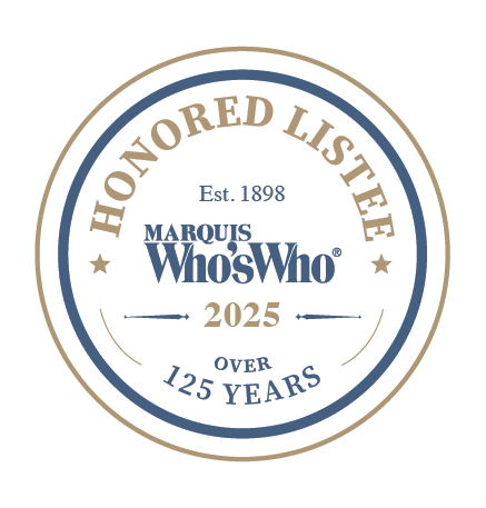 A circular badge displaying "Honored Listee", "Marquis Who's Who 2025", "Est. 1898", and "Over 125 Years" in blue and gold text. From Lawrence Law Firm New Jersey Family Lawyer.