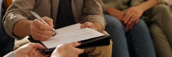 A person holds a clipboard and writes on a document while others sit nearby, suggesting a meeting or group discussion. From Lawrence Law Firm New Jersey Family Lawyer.