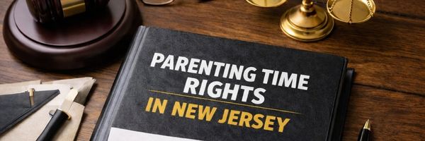 A book titled "Parenting Time Rights in New Jersey" rests on a wooden desk alongside a gavel, scales of justice, and paperwork. From Lawrence Law Firm New Jersey Family Lawyer.