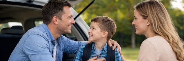 A man, a boy, and a woman are sitting together by an open car trunk outdoors, smiling and talking. From Lawrence Law Firm New Jersey Family Lawyer.