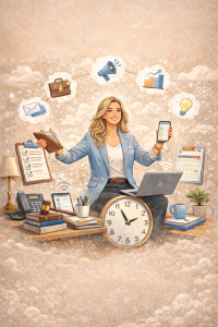 Businesswoman Jeralyn Lawrence multitasks at her desk, holding a phone and notepad, surrounded by office supplies, a clock, and icons representing communication and productivity. From Lawrence Law Firm New Jersey Family Lawyer.