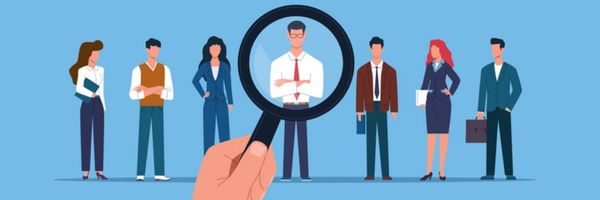 Illustration of six professionally dressed people standing in a row, with a hand holding a magnifying glass focusing on a man in the center. From Lawrence Law Firm New Jersey Family Lawyer.