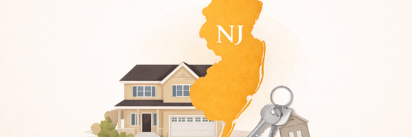 Illustration of a house, house keys, and an orange silhouette of New Jersey labeled "NJ" in the foreground. From Lawrence Law Firm New Jersey Family Lawyer.