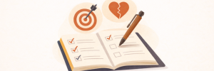 An open checklist notebook with a pen, a target with a dart, and a broken heart icon in the background. From Lawrence Law Firm New Jersey Family Lawyer.