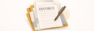 A pen rests on a stack of folders and papers, with the top sheet labeled "DIVORCE. From Lawrence Law Firm New Jersey Family Lawyer.