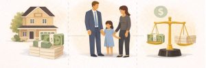 Illustration showing a house with money, a family of three, and a balance scale with stacks of cash on each side. From Lawrence Law Firm New Jersey Family Lawyer.