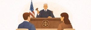 Illustration of a judge holding a gavel seated at a bench with an American flag, facing two people in a courtroom setting. From Lawrence Law Firm New Jersey Family Lawyer.