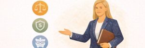 A woman in a suit holds a folder and gestures beside icons representing justice, financial security, and savings. From Lawrence Law Firm New Jersey Family Lawyer.